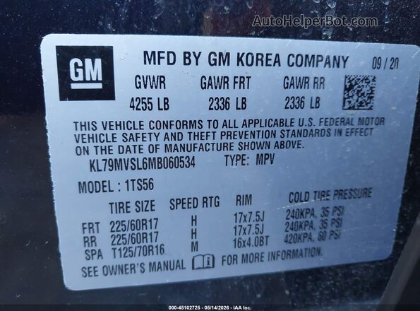 KL79MVSL6MB060534 2021 CHEVROLET TRAILBLAZER Blue 