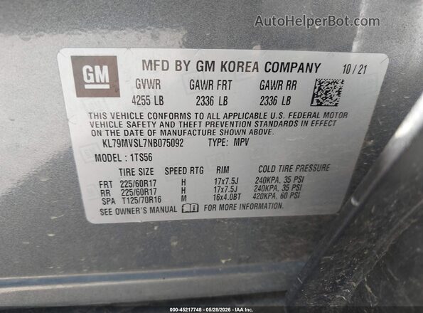 KL79MVSL7NB075092 2022 CHEVROLET TRAILBLAZER Gray 