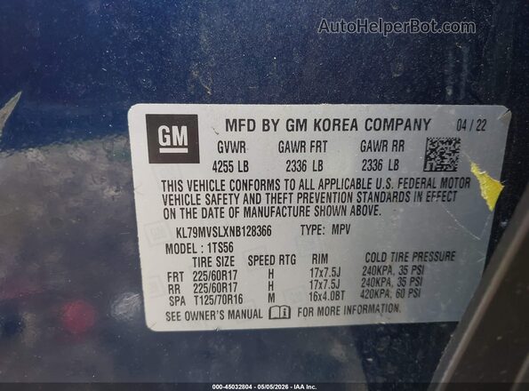KL79MVSLXNB128366 2022 CHEVROLET TRAILBLAZER Blue 