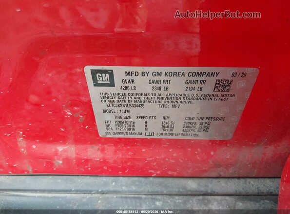 KL7CJKSB1LB334435 2020 CHEVROLET TRAX Red ძრავის განყოფილების ხედი