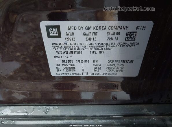 KL7CJKSB1MB313800 2021 CHEVROLET TRAX Maroon Engine compartment view