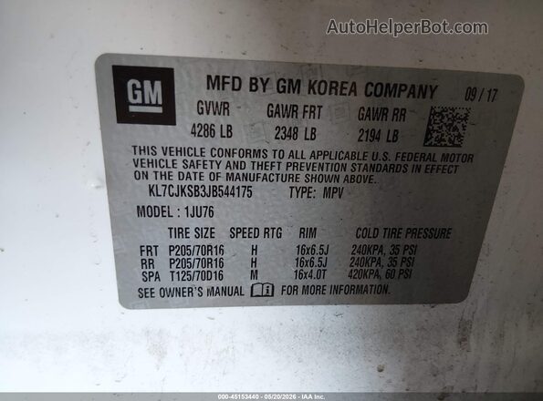 KL7CJKSB3JB544175 2018 CHEVROLET TRAX White Engine compartment view