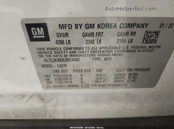 KL7CJKSB3LB314400 2020 CHEVROLET TRAX White Widok komory silnika