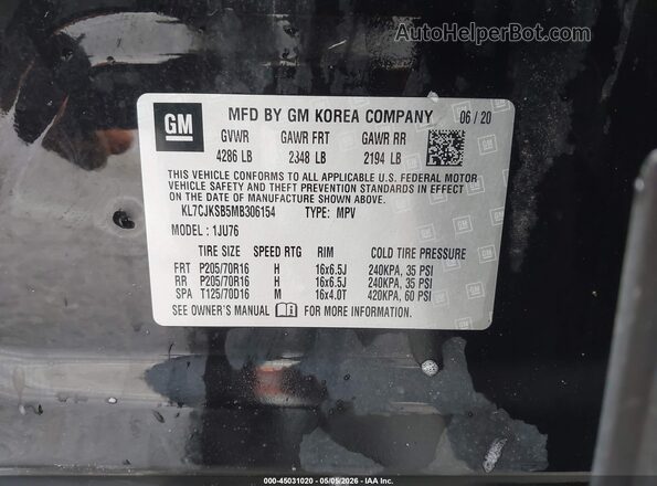 KL7CJKSB5MB306154 2021 CHEVROLET TRAX Black 