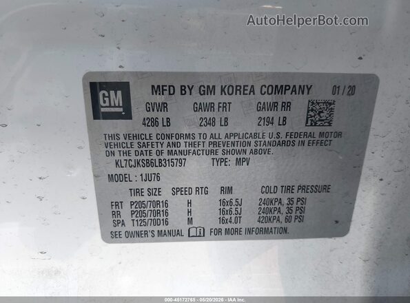 KL7CJKSB6LB315797 2020 CHEVROLET TRAX White Engine compartment view