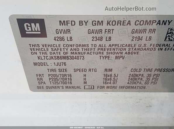 KL7CJKSB6MB304073 2021 CHEVROLET TRAX White ძრავის განყოფილების ხედი