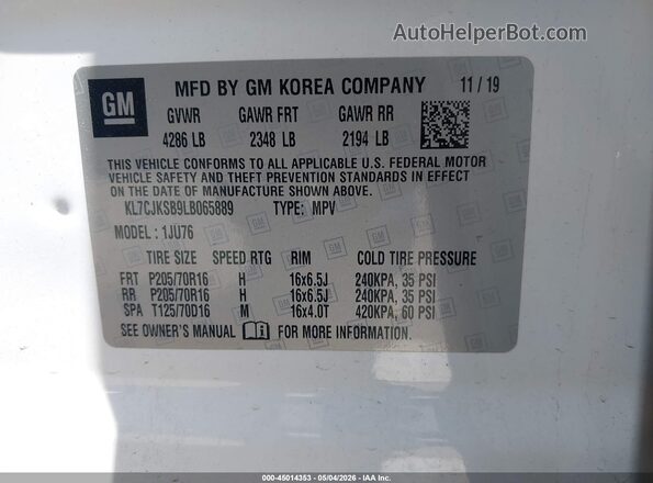 KL7CJKSB9LB065889 2020 CHEVROLET TRAX White Вид підкапотного простору