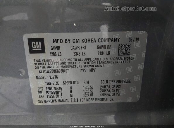 KL7CJLSB0KB920497 2019 CHEVROLET TRAX Gray Widok komory silnika