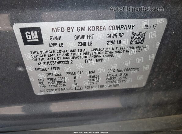 KL7CJLSB1HB222912 2017 CHEVROLET TRAX Gray 