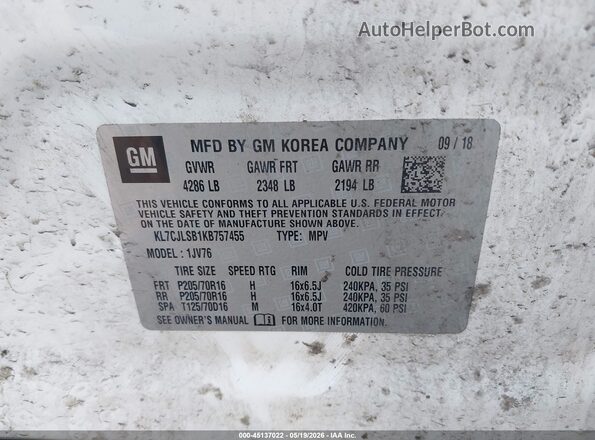 KL7CJLSB1KB757455 2019 CHEVROLET TRAX White Engine compartment view