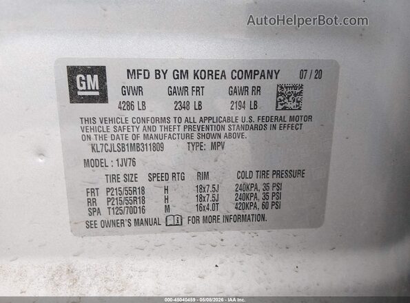 KL7CJLSB1MB311809 2021 CHEVROLET TRAX Silver Widok komory silnika