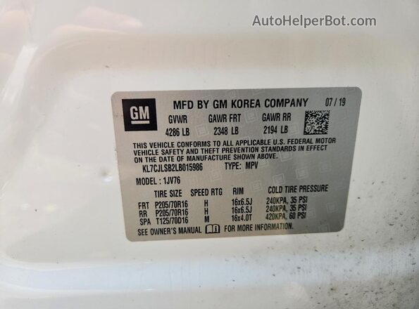 KL7CJLSB2LB015986 2020 CHEVROLET TRAX White 