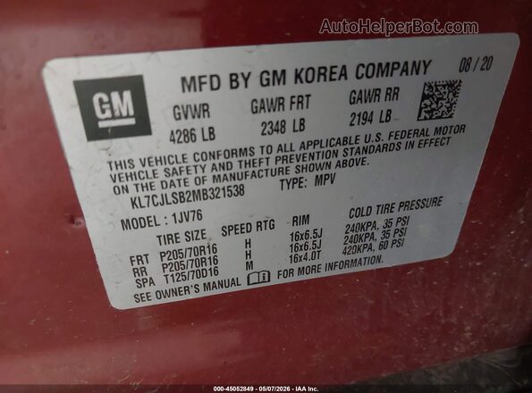 KL7CJLSB2MB321538 2021 CHEVROLET TRAX Red ძრავის განყოფილების ხედი