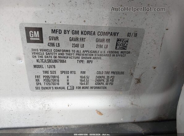 KL7CJLSB3JB679064 2018 CHEVROLET TRAX Silver Engine compartment view