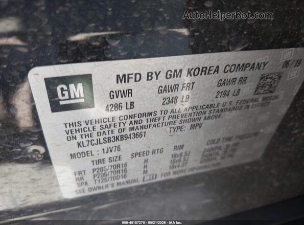 KL7CJLSB3KB943661 2019 CHEVROLET TRAX Black ძრავის განყოფილების ხედი