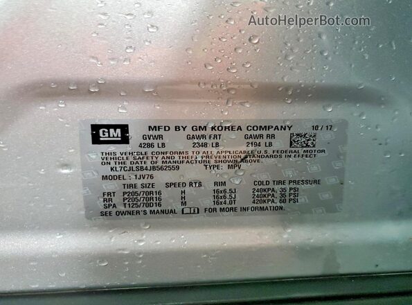 KL7CJLSB4JB562559 2018 CHEVROLET TRAX Silver 