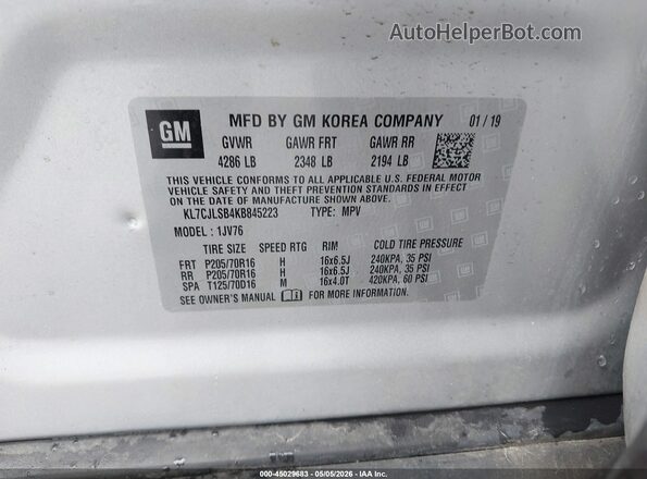 KL7CJLSB4KB845223 2019 CHEVROLET TRAX Silver ძრავის განყოფილების ხედი