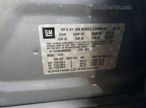 KL7CJLSB4KB903850 2019 CHEVROLET TRAX Gray 
