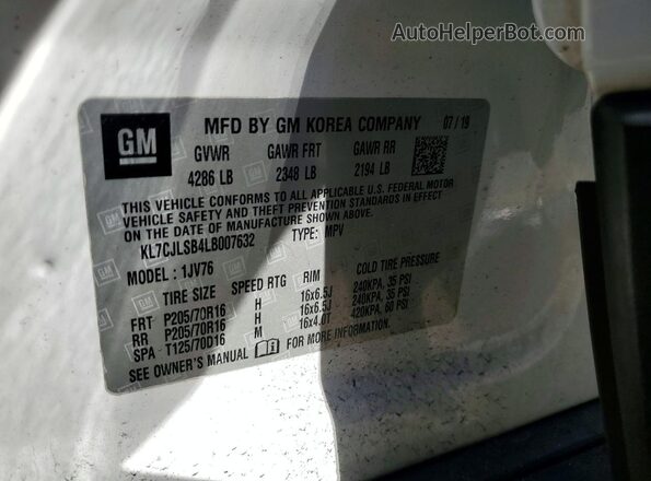 KL7CJLSB4LB007632 2020 CHEVROLET TRAX White VIN կոդի պիտակի տեսք
