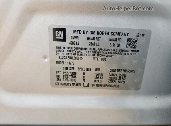 KL7CJLSB4LB038444 2020 CHEVROLET TRAX Серебряный Вид наклейки с VIN-кодом