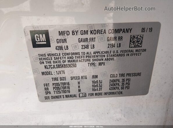 KL7CJLSB5KB936260 2019 CHEVROLET TRAX Белый Вид подкапотного пространства