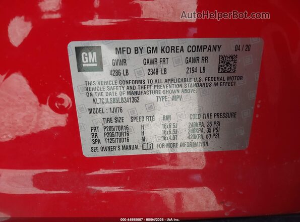 KL7CJLSB5LB341362 2020 CHEVROLET TRAX Red Engine compartment view