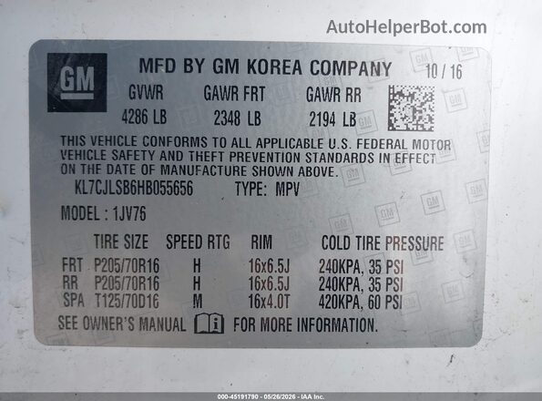 KL7CJLSB6HB055656 2017 CHEVROLET TRAX White 