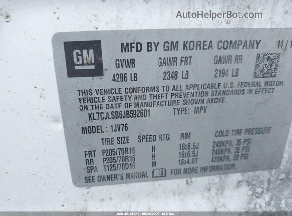 KL7CJLSB6JB592601 2018 CHEVROLET TRAX White 