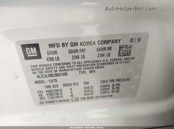 KL7CJLSB6JB651985 2018 CHEVROLET TRAX Silver ძრავის განყოფილების ხედი