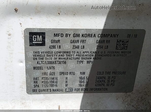 KL7CJLSB6KB738156 2019 CHEVROLET TRAX White Engine compartment view