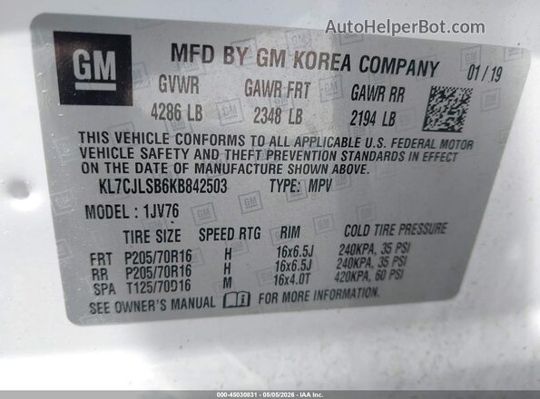 KL7CJLSB6KB842503 2019 CHEVROLET TRAX White Widok komory silnika