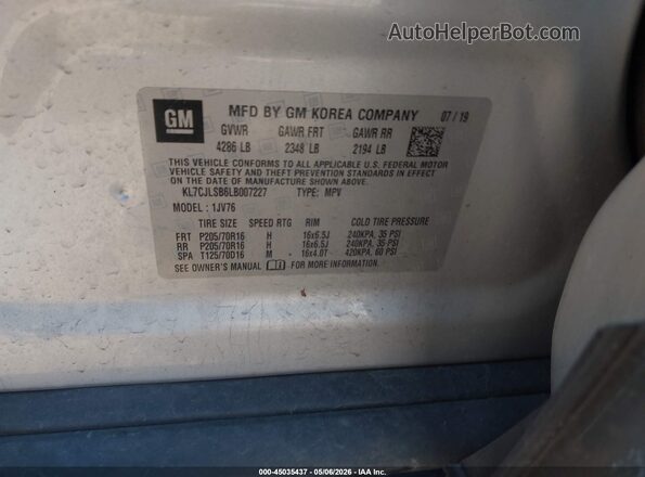 KL7CJLSB6LB007227 2020 CHEVROLET TRAX Silver Widok komory silnika