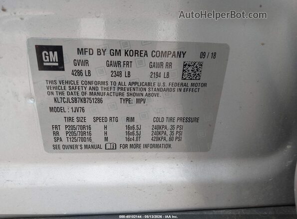 KL7CJLSB7KB751286 2019 CHEVROLET TRAX Silver Շարժիչի բաժամունքի տեսք