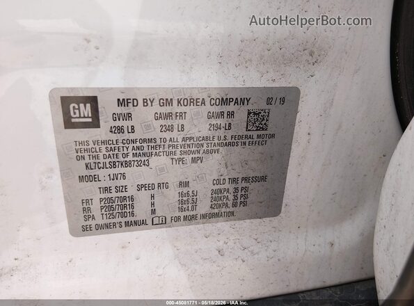 KL7CJLSB7KB873243 2019 CHEVROLET TRAX Белый Вид подкапотного пространства