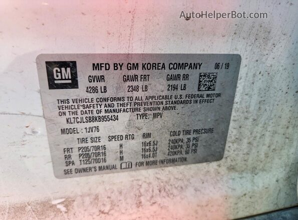 KL7CJLSB8KB955434 2019 CHEVROLET TRAX White 