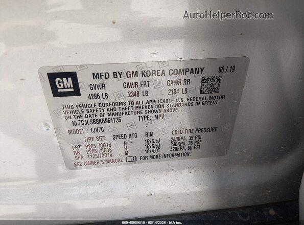 KL7CJLSB8KB961735 2019 CHEVROLET TRAX Silver Շարժիչի բաժամունքի տեսք