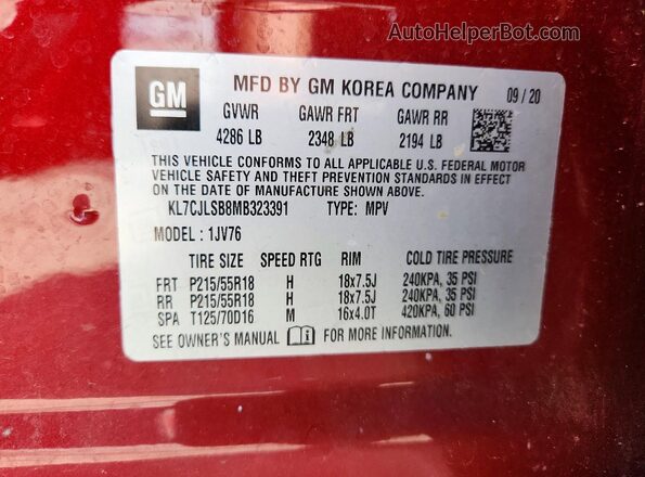 KL7CJLSB8MB323391 2021 CHEVROLET TRAX Red ძრავის განყოფილების ხედი