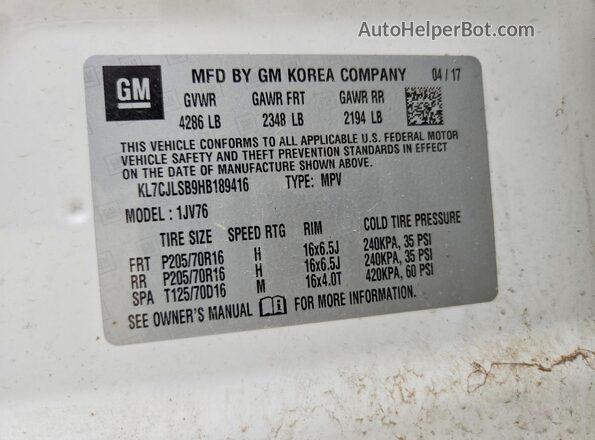 KL7CJLSB9HB189416 2017 CHEVROLET TRAX White Շարժիչի բաժամունքի տեսք