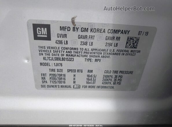 KL7CJLSB9LB015323 2020 CHEVROLET TRAX Silver Engine compartment view