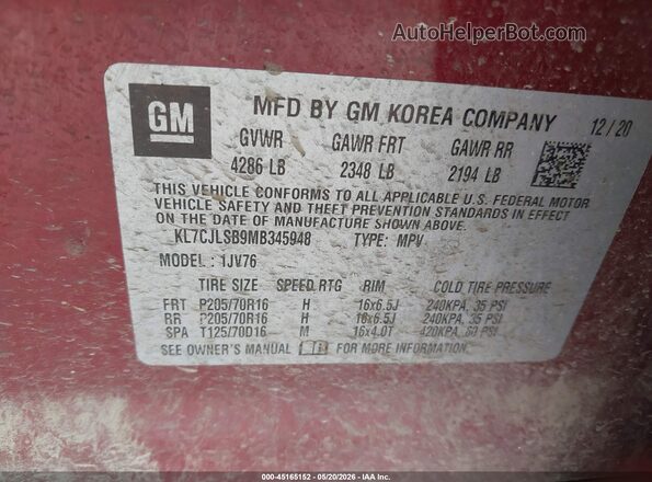 KL7CJLSB9MB345948 2021 CHEVROLET TRAX Red Вид підкапотного простору