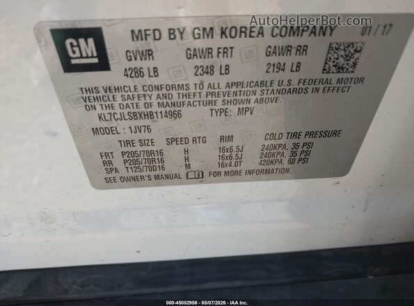 KL7CJLSBXHB114966 2017 CHEVROLET TRAX White Вид підкапотного простору