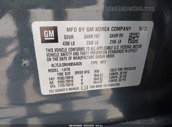 KL7CJLSM4NB564626 2022 CHEVROLET TRAX Blue Շարժիչի բաժամունքի տեսք