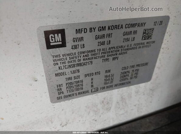 KL7CJNSB1MB342179 2021 CHEVROLET TRAX White Вид підкапотного простору