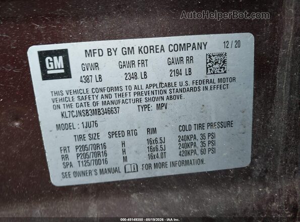 KL7CJNSB3MB346637 2021 CHEVROLET TRAX Burgundy Շարժիչի բաժամունքի տեսք