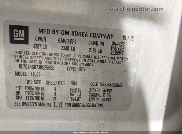 KL7CJNSB7JB625052 2018 CHEVROLET TRAX Серебряный Вид подкапотного пространства