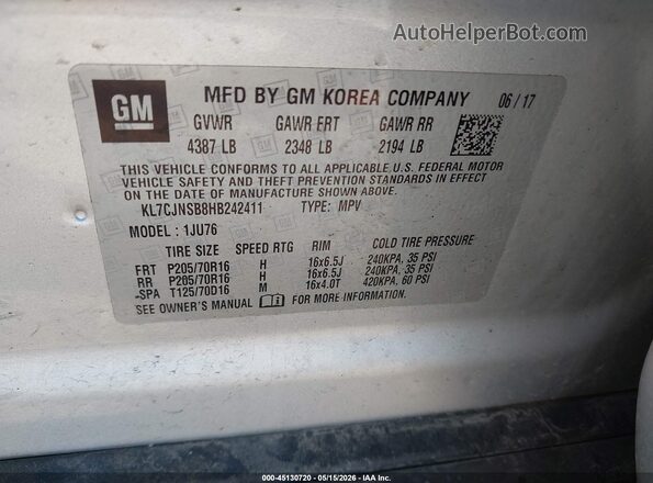 KL7CJNSB8HB242411 2017 CHEVROLET TRAX Silver Engine compartment view