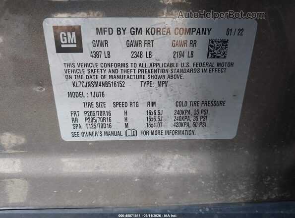 KL7CJNSM4NB516152 2022 CHEVROLET TRAX Brown Engine compartment view
