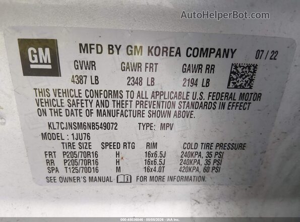KL7CJNSM6NB549072 2022 CHEVROLET TRAX Silver Շարժիչի բաժամունքի տեսք