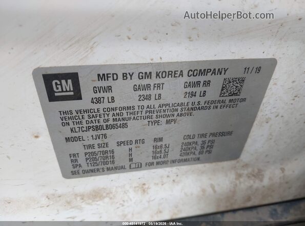 KL7CJPSB0LB065485 2020 CHEVROLET TRAX White Vista del compartimento del motor