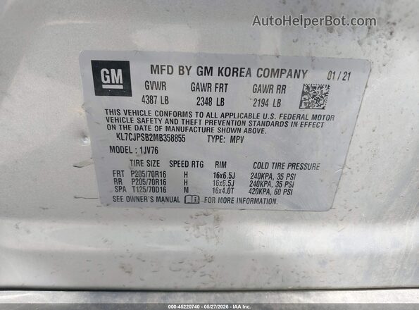 KL7CJPSB2MB358855 2021 CHEVROLET TRAX Silver Շարժիչի բաժամունքի տեսք
